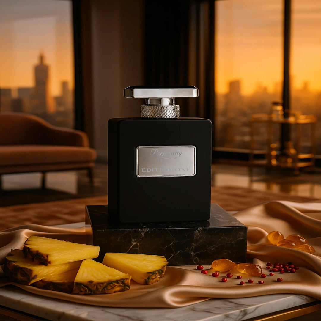 Black perfume bottle on a marble surface with pineapple slices and red berries, cityscape in the background