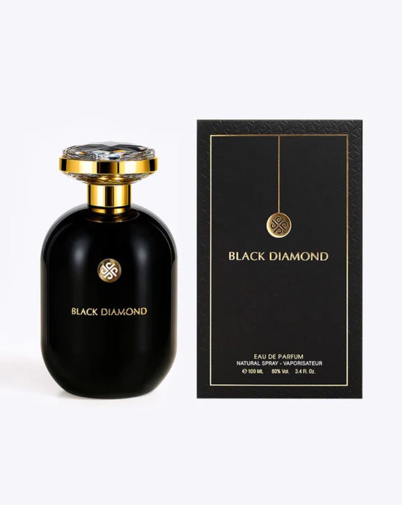Black Diamond perfume bottle and packaging on a white background