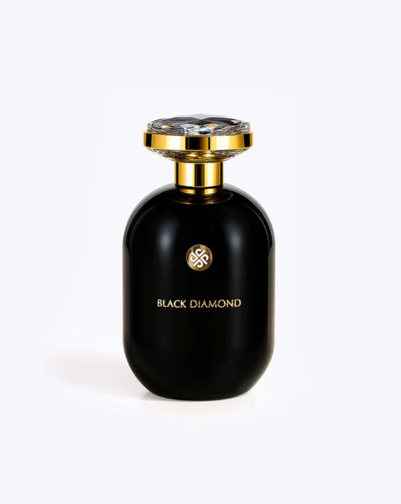 Black Diamond perfume bottle with gold cap on a white background