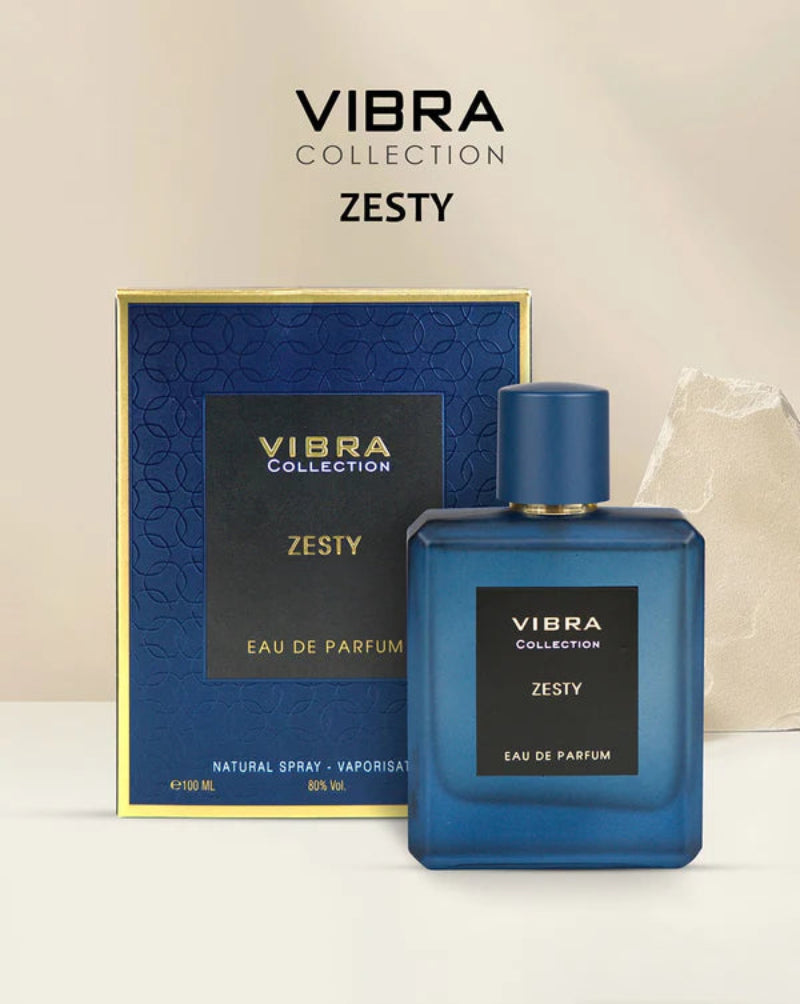 Vibra Collection Zesty perfume bottle and packaging on a light background