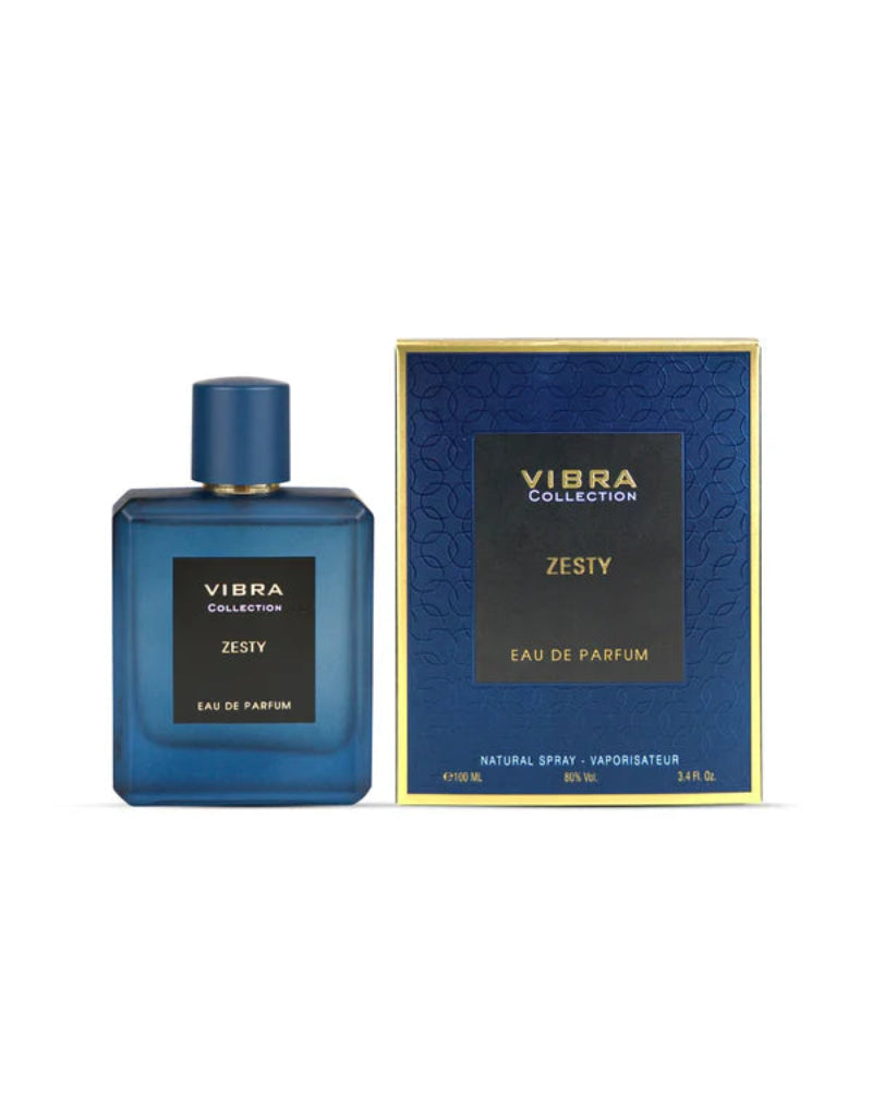 Blue perfume bottle and packaging with 'Vibra Collection' branding on a white background