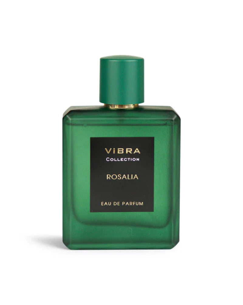 Green perfume bottle with 'Vibra Collection Rosalia' label on a white background