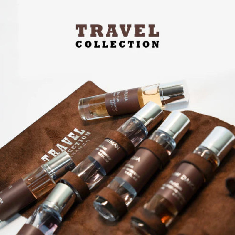 Travel collection of perfume bottles on a brown mat with 'TRAVEL COLLECTION' text.