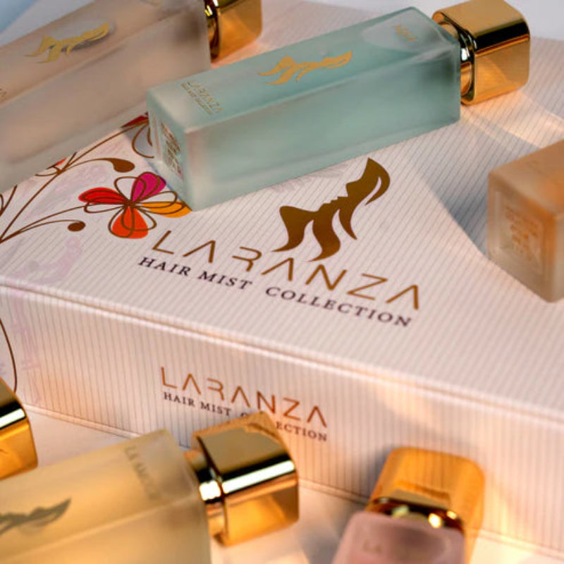 Laranza hair mist collection with a box featuring the brand name.