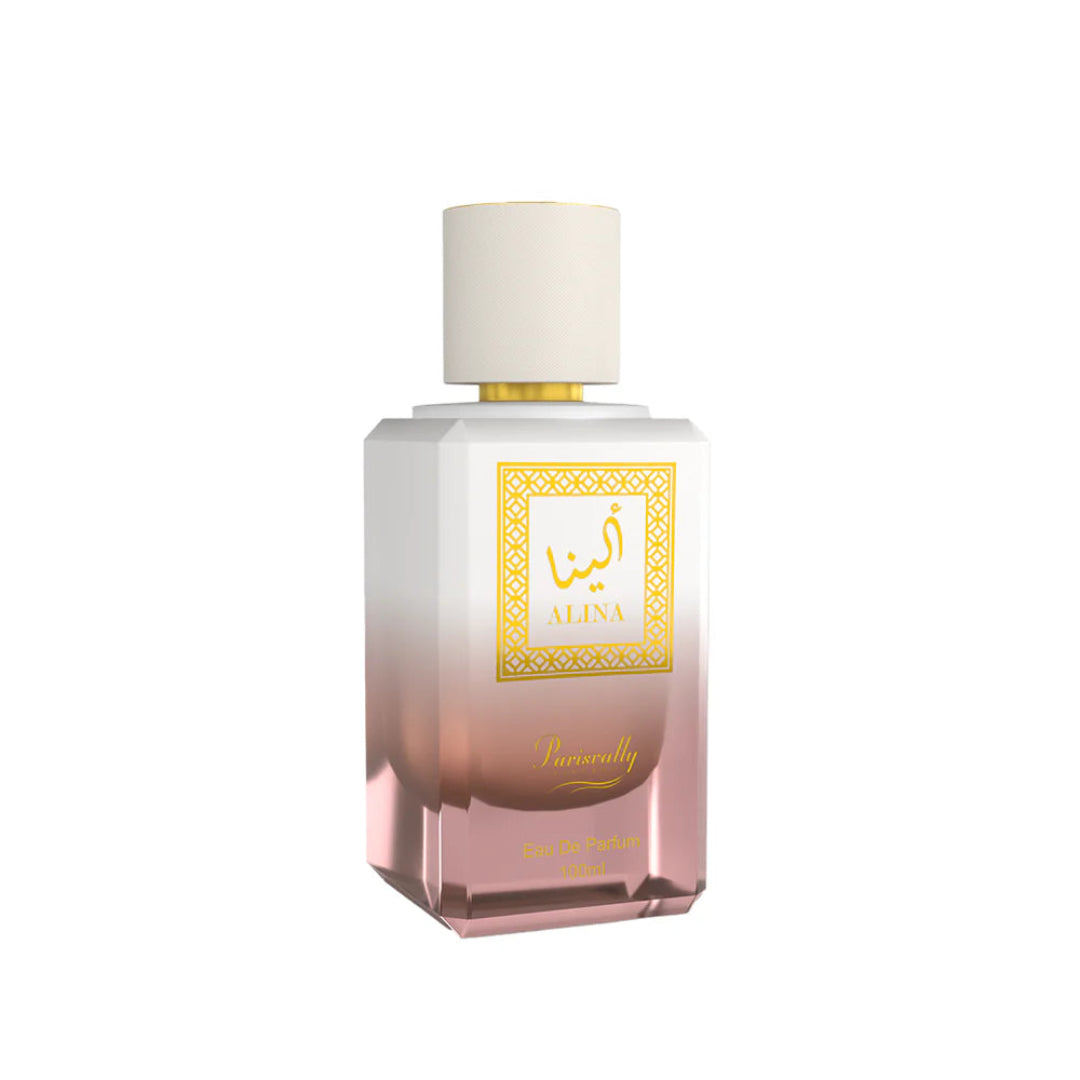 Perfume bottle with a white cap and gold label on a white background