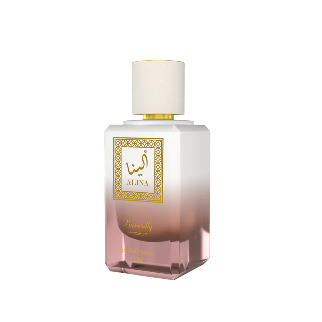 Perfume bottle with a gradient design and 'Alina' branding on a white background