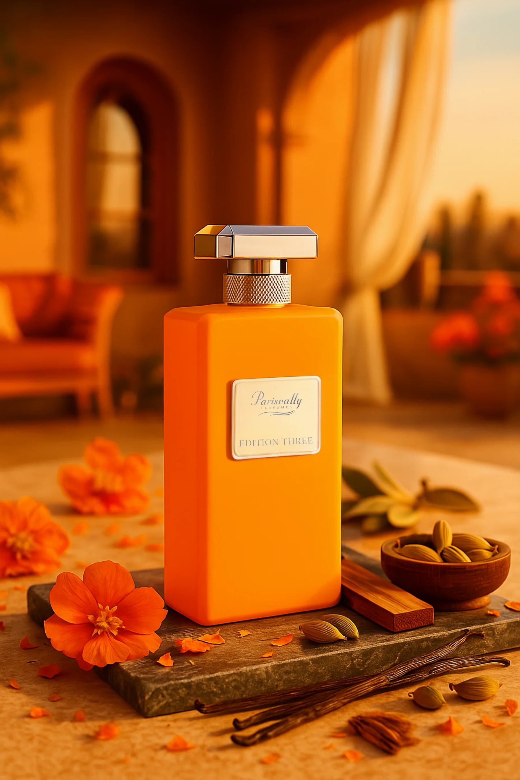 Orange perfume bottle with vanilla beans and flowers on a wooden surface