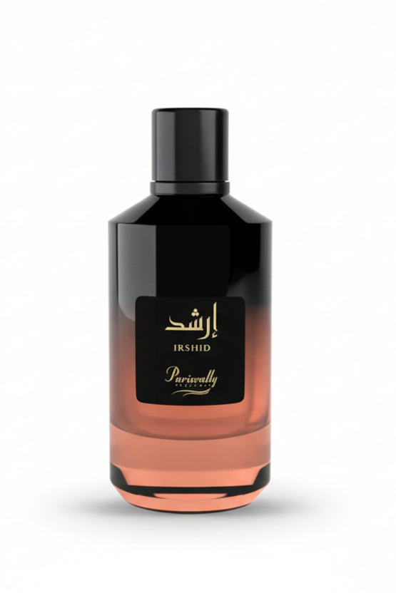 Perfume bottle with black cap and gradient design on a white background