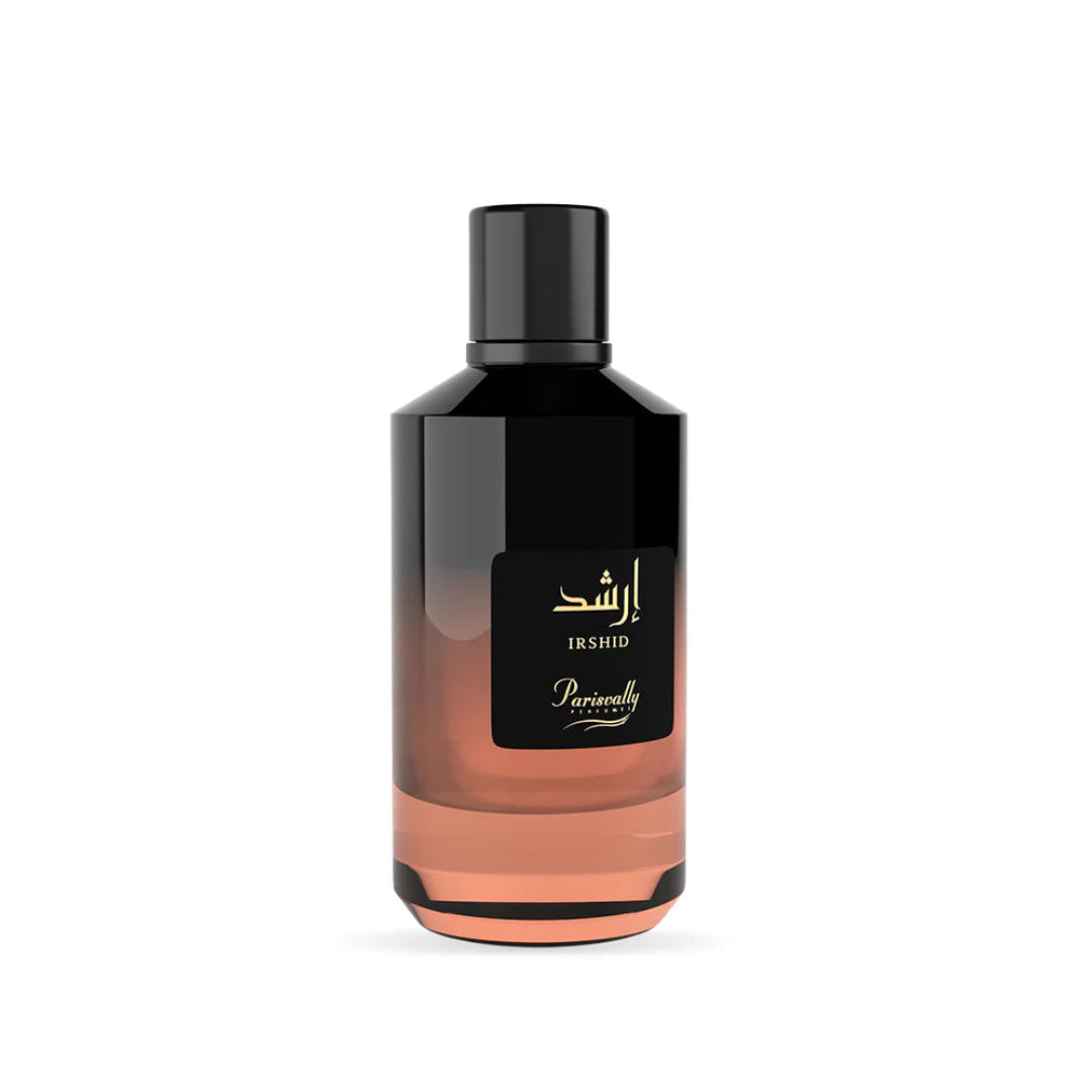 Perfume bottle with black cap and gradient design on a white background