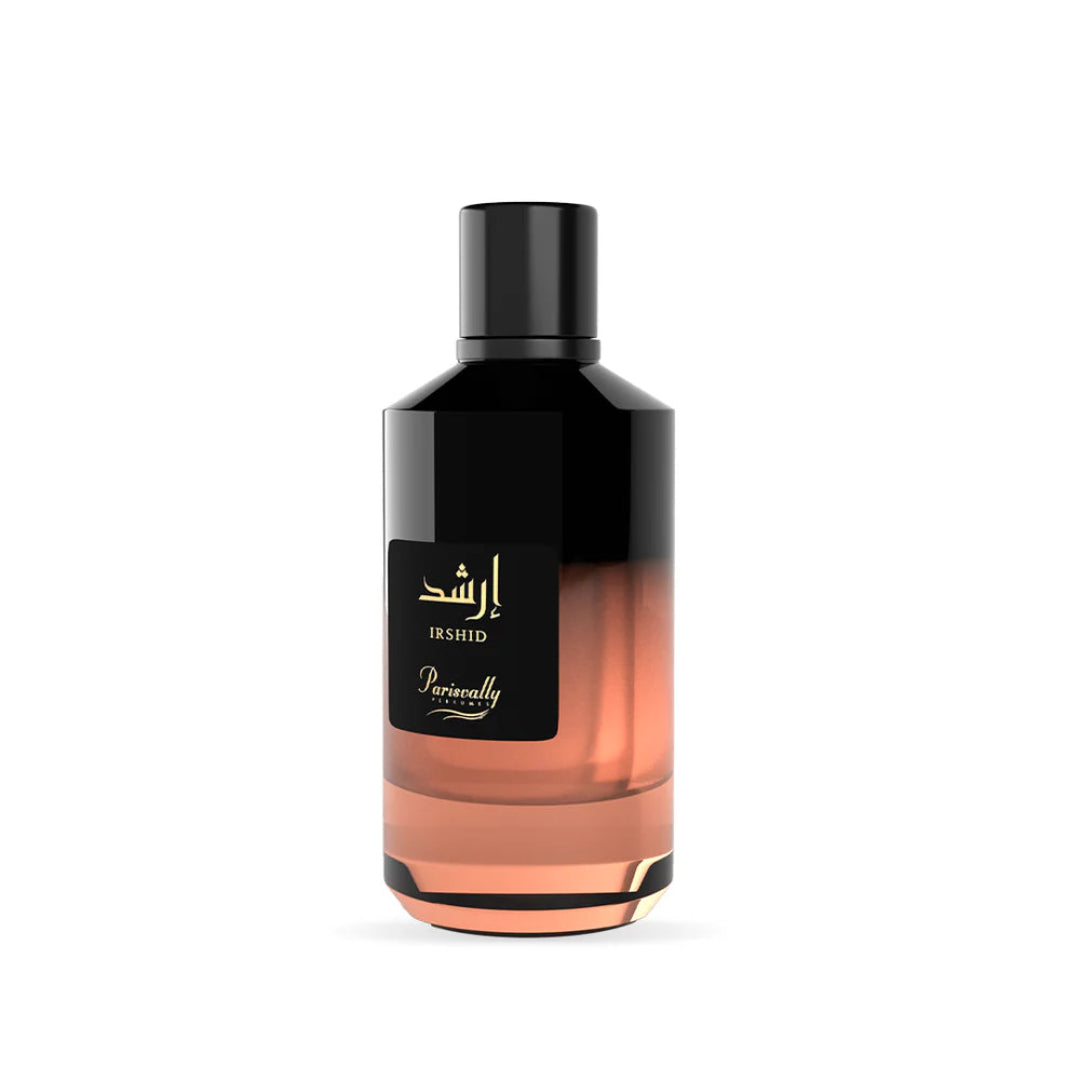 Perfume bottle with black and gold design on a white background