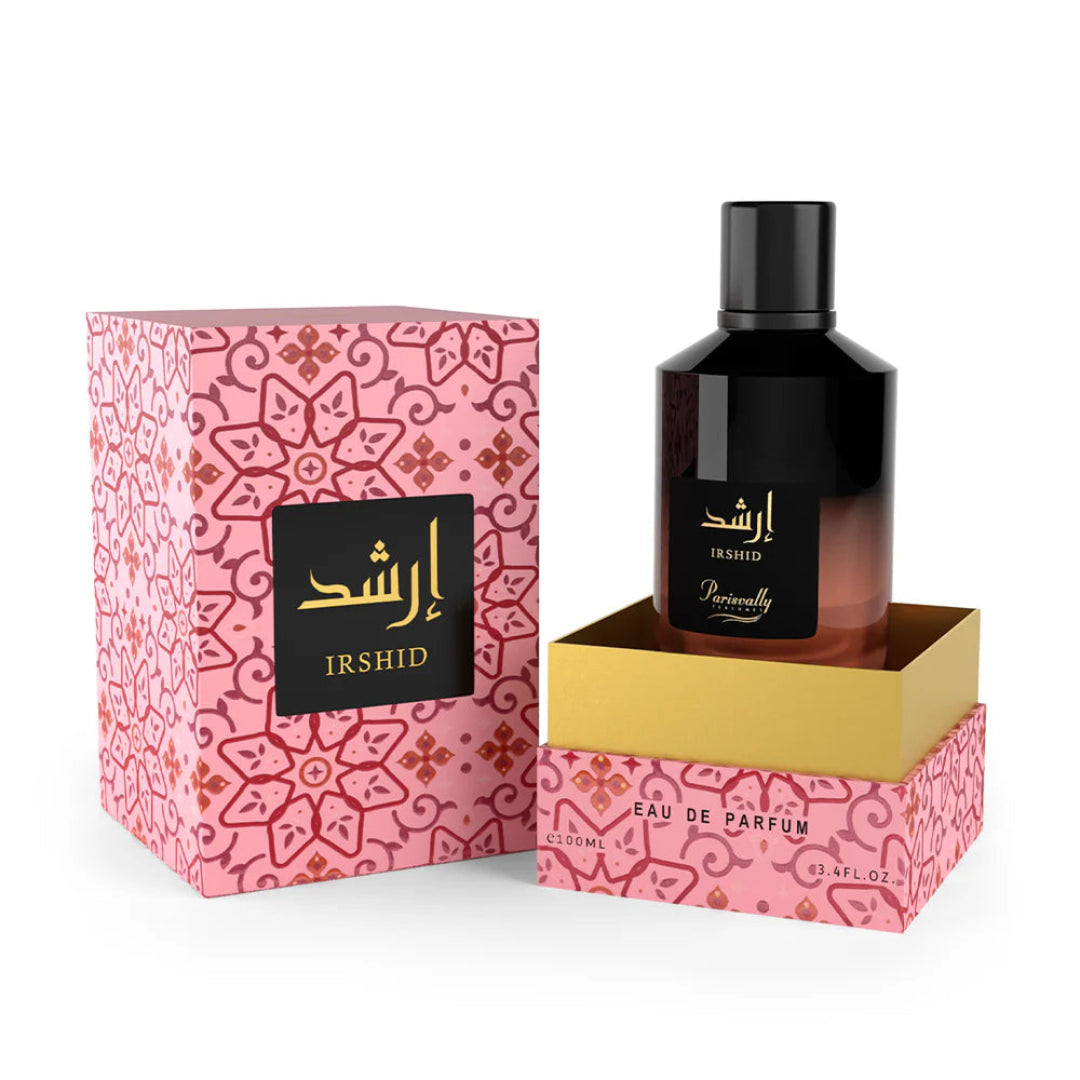 Perfume bottle and packaging with 'Irshid' branding on a white background