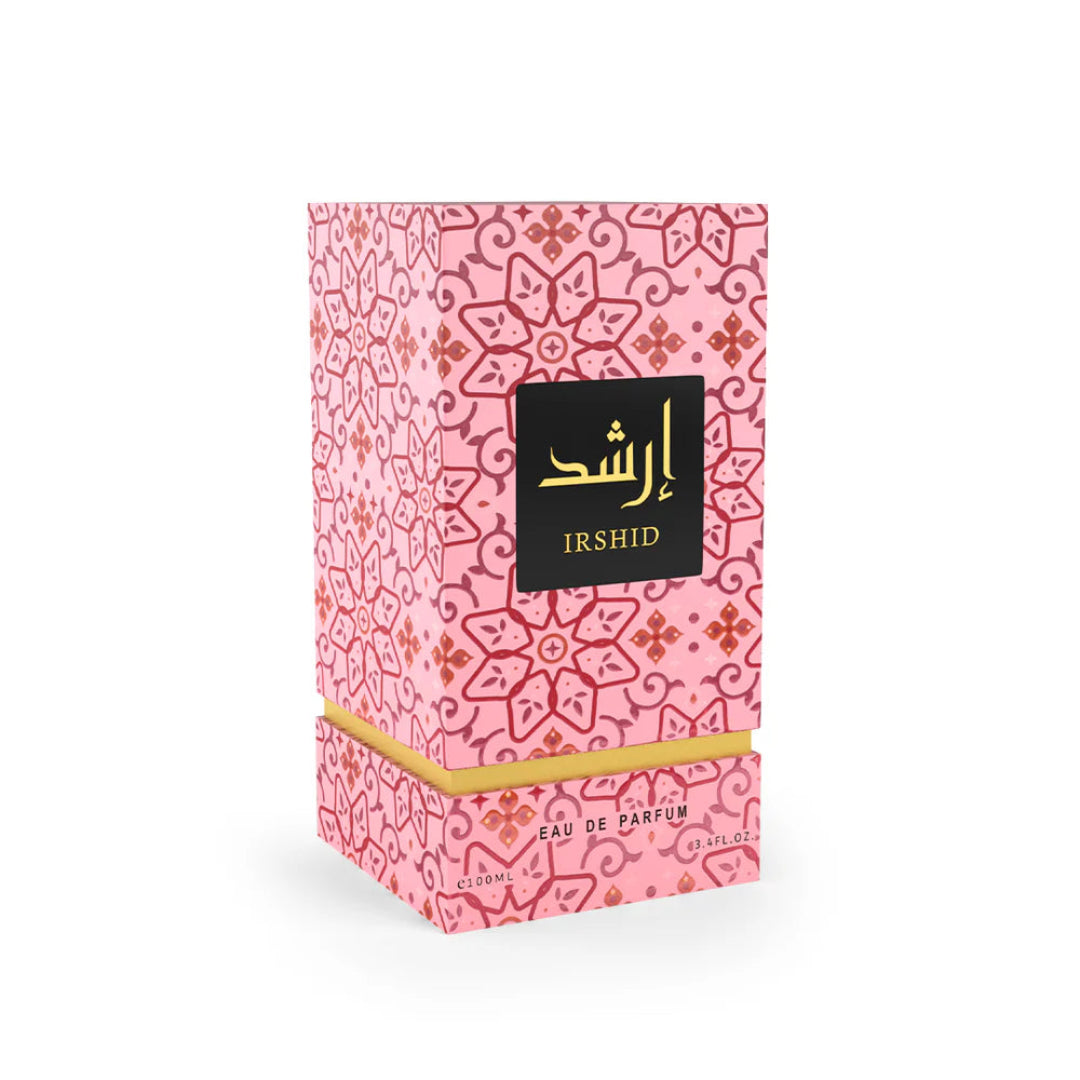 Pink patterned perfume box with 'Irshid' branding on a white background