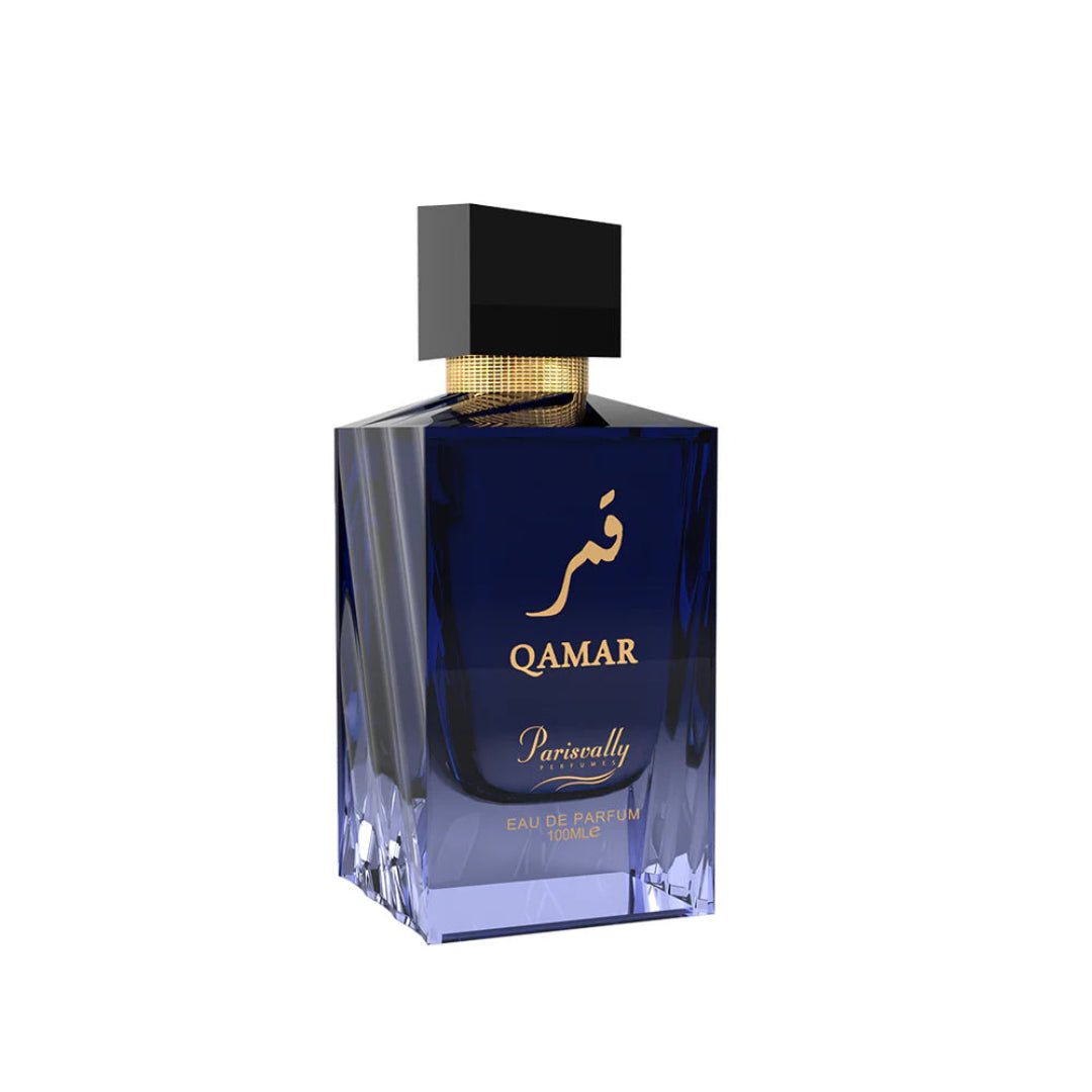 Perfume bottle labeled 'Qamar' on a white background