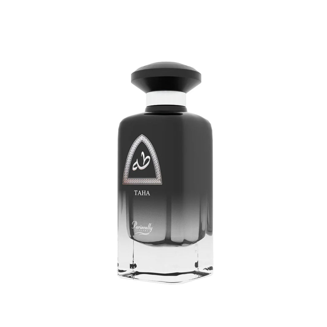 Black perfume bottle with a white label on a white background