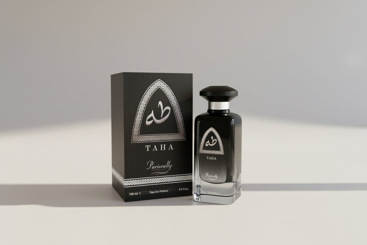 Parfum Taha by Parisvally with a black bottle and packaging on a white background