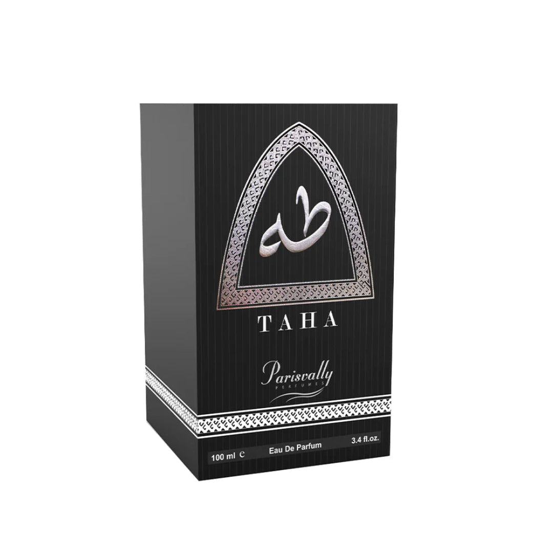 Black perfume box with 'Taha' branding on a white background