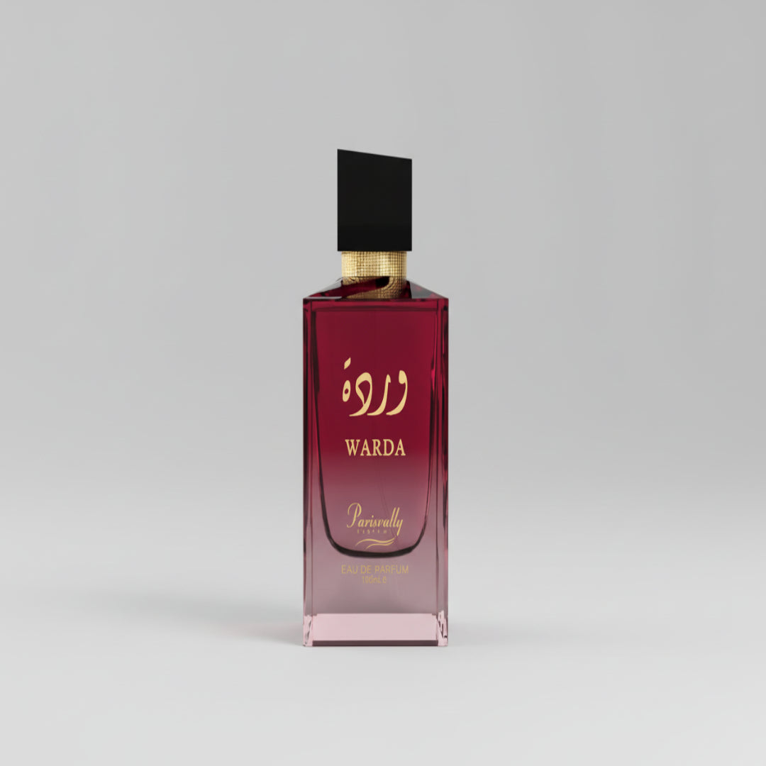 Perfume bottle with red body and gold accents on a white background