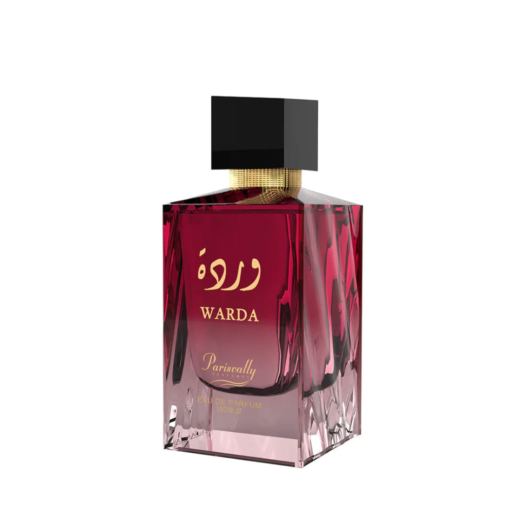 Perfume bottle with red glass and black cap on a white background