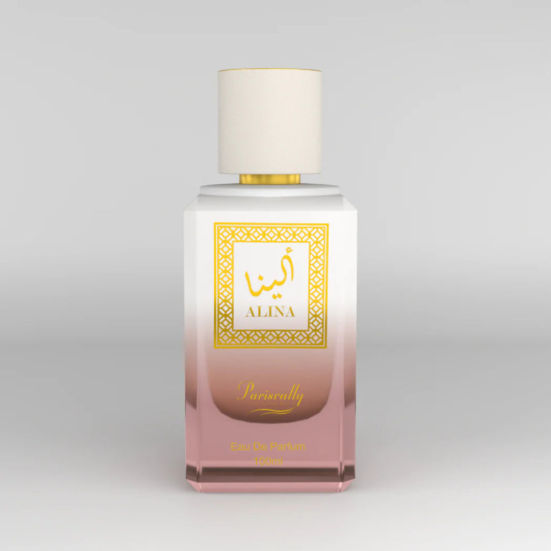 Perfume bottle with 'Alina' branding on a light gray background