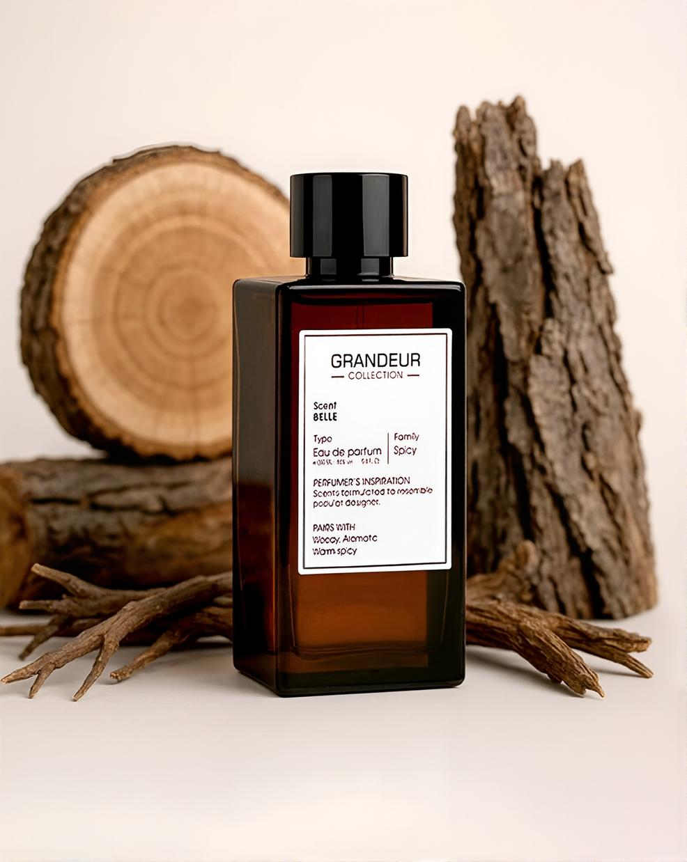 Grandeur Collection perfume bottle with wooden background