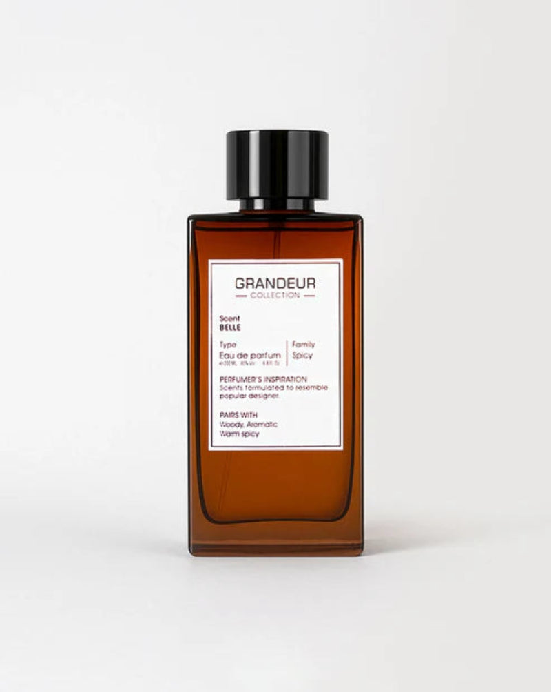Brown perfume bottle with a label on a white background