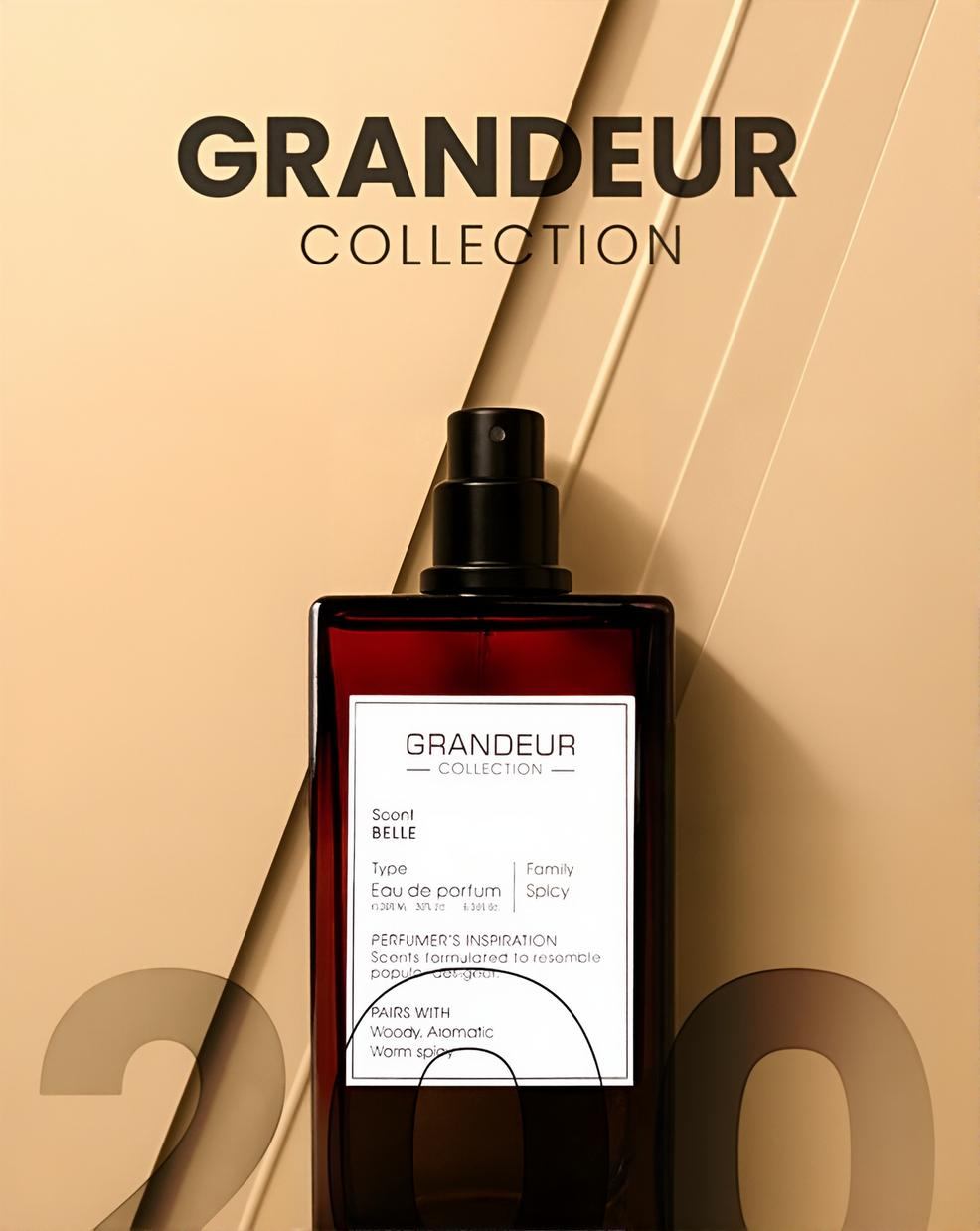 Grandeur Collection perfume bottle on a beige background