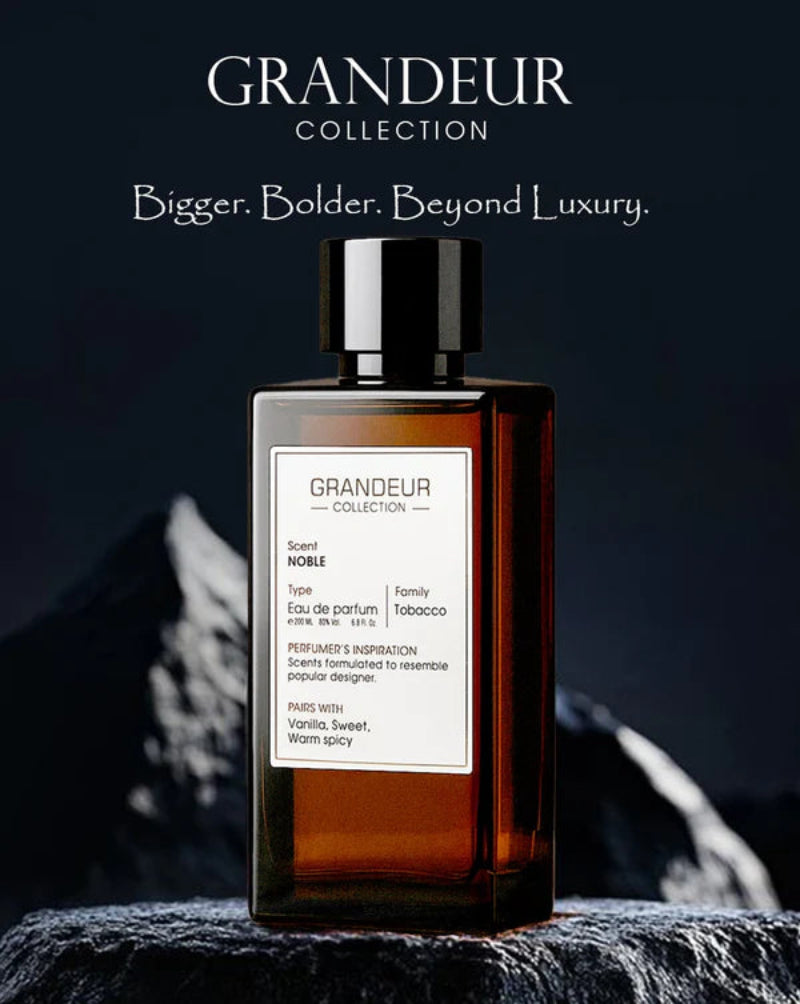 Grandeur Collection perfume bottle with a dark background