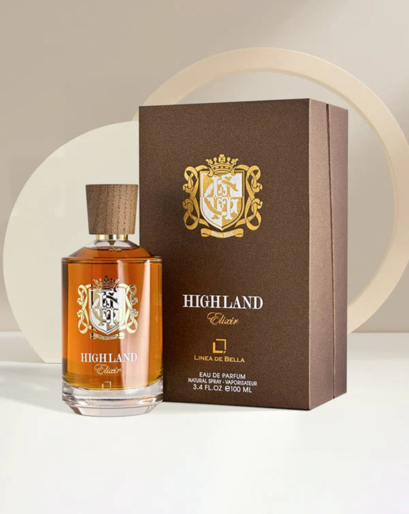 Highland perfume bottle and packaging on a white background