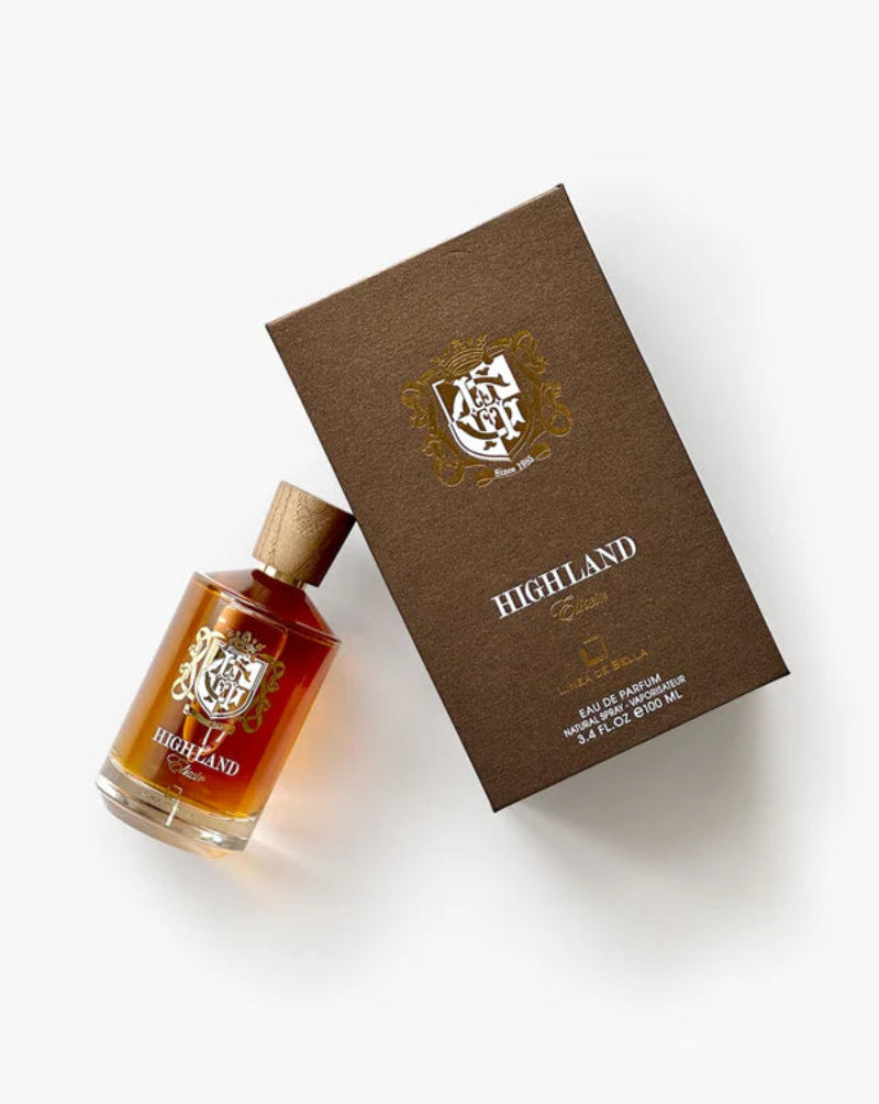 Highland perfume bottle and box on a white background