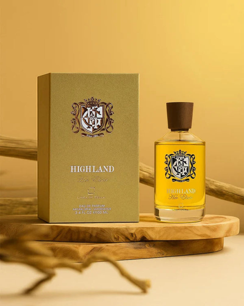 Highland perfume bottle and packaging on a wooden stand with a yellow background