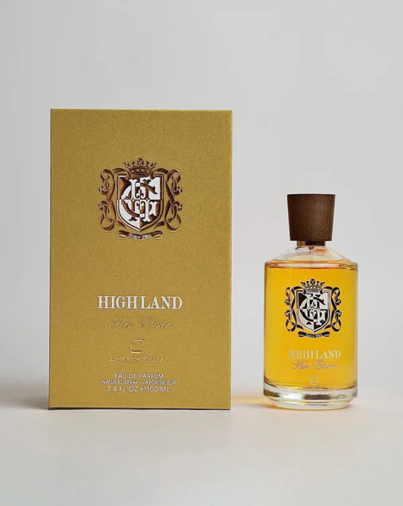 Highland perfume bottle and packaging on a light gray background