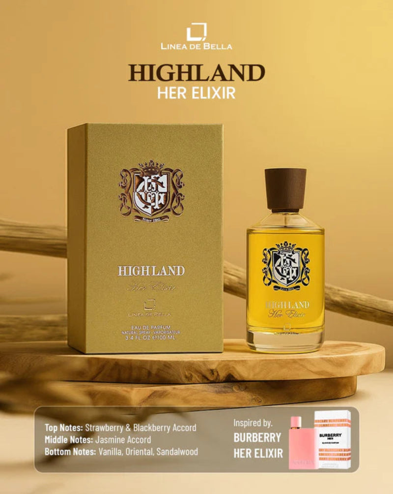 Highland Her Elixir perfume bottle and packaging on a wooden stand with a beige background.