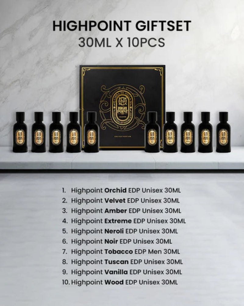 Highpoint giftset with 10 perfume bottles and a black box on a gray marble background.