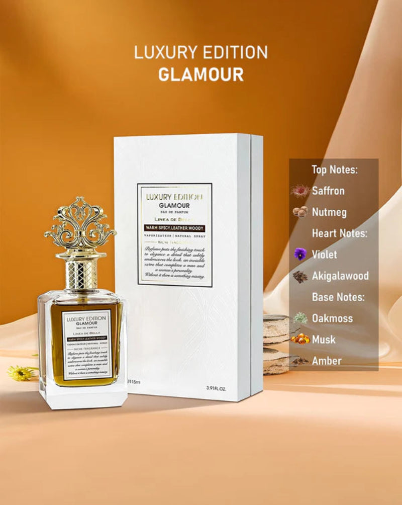 Perfume bottle and packaging with 'Luxury Edition Glamour' on a peach background