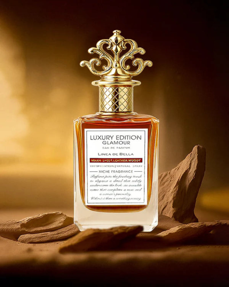 Luxury perfume bottle with gold cap on a warm-toned background