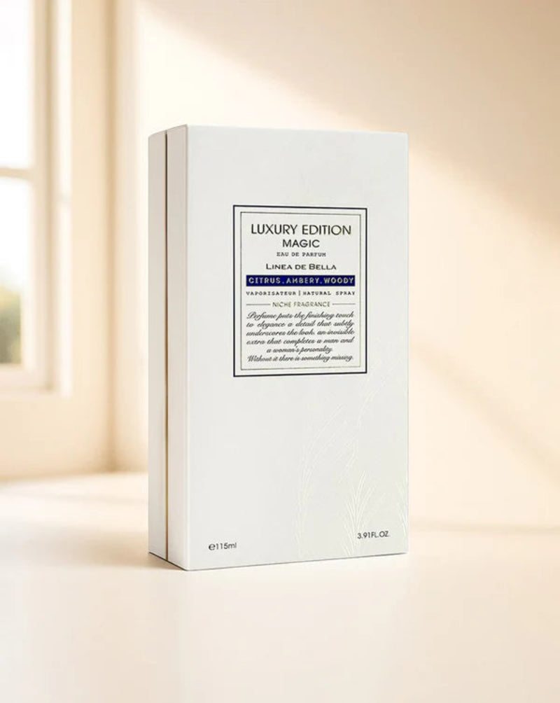 White packaging box with text on a light background