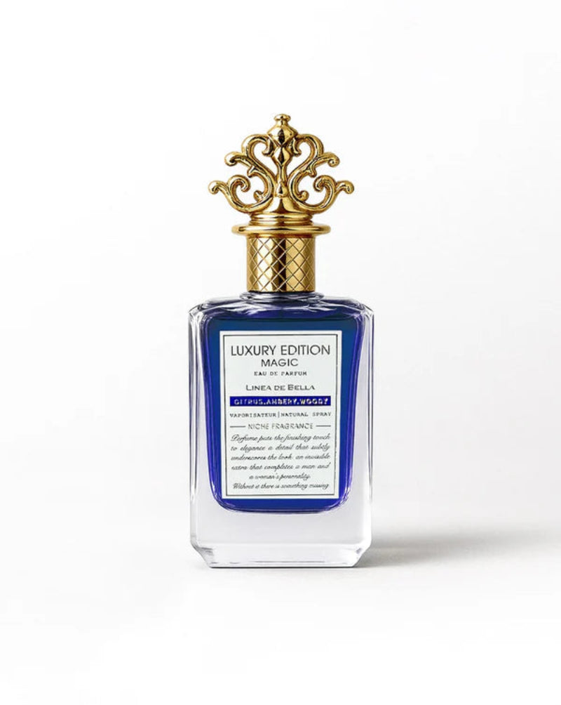 Luxury perfume bottle with gold cap on a white background