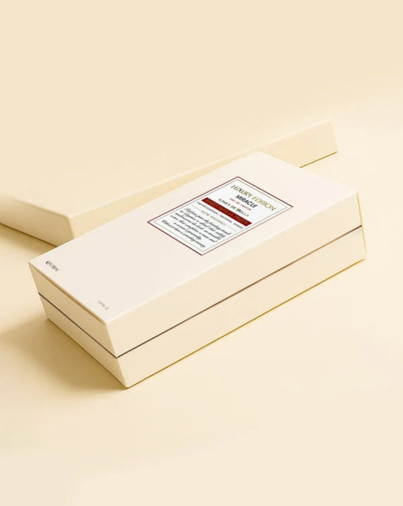 Product packaging on a beige background