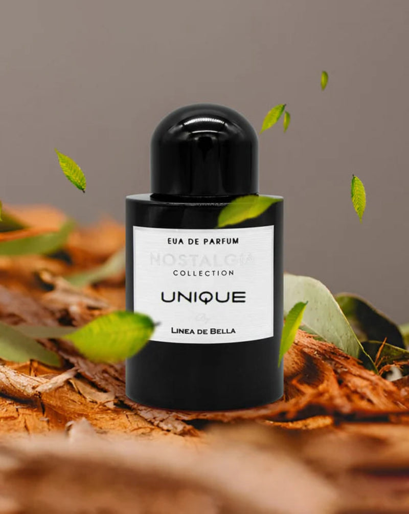 Black perfume bottle with a white label on a natural background