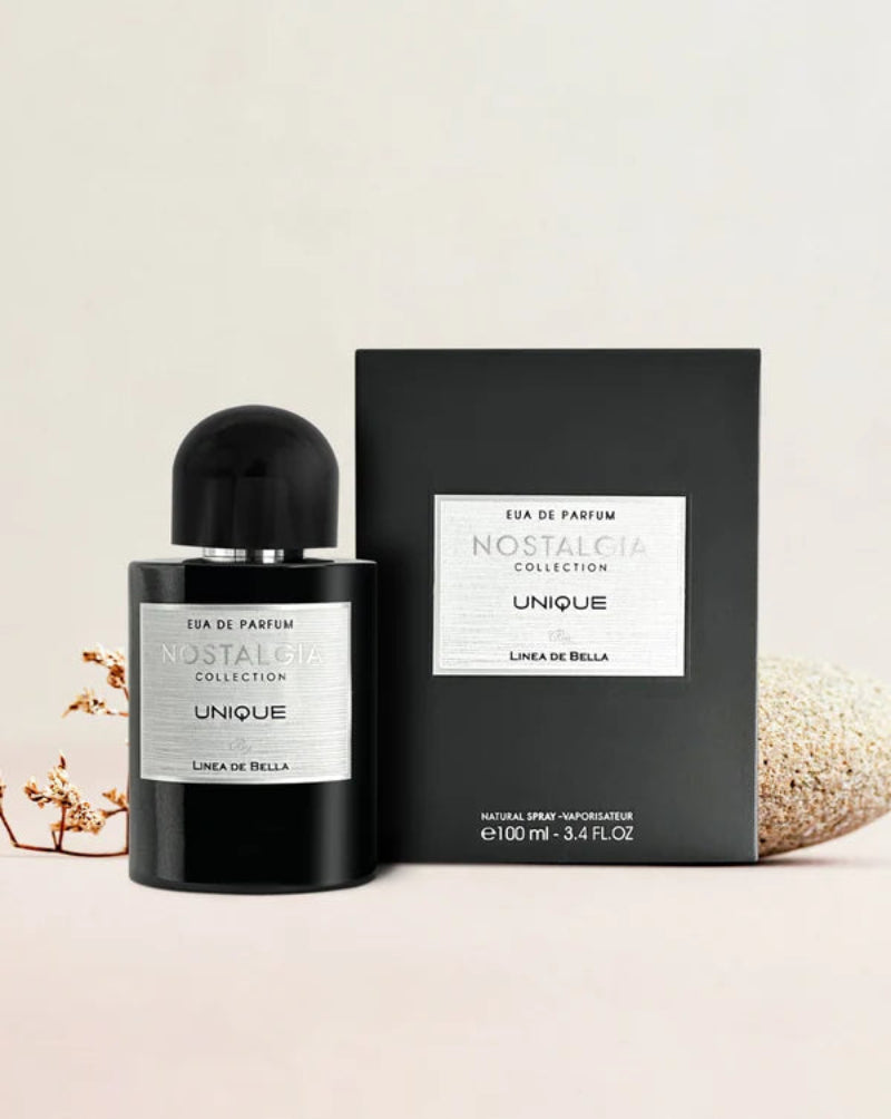 Eau de Parfum bottle and packaging with 'Nostalgia Collection' branding on a light background.