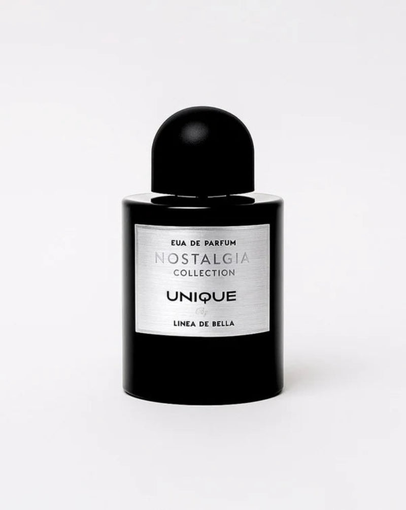 Black perfume bottle with a white label on a white background