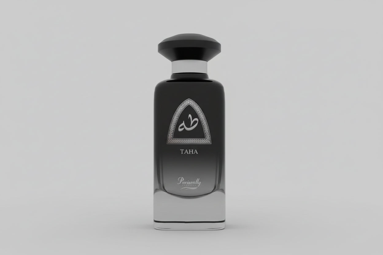 Black perfume bottle with 'Taha' and 'Parfums' branding on a gray background